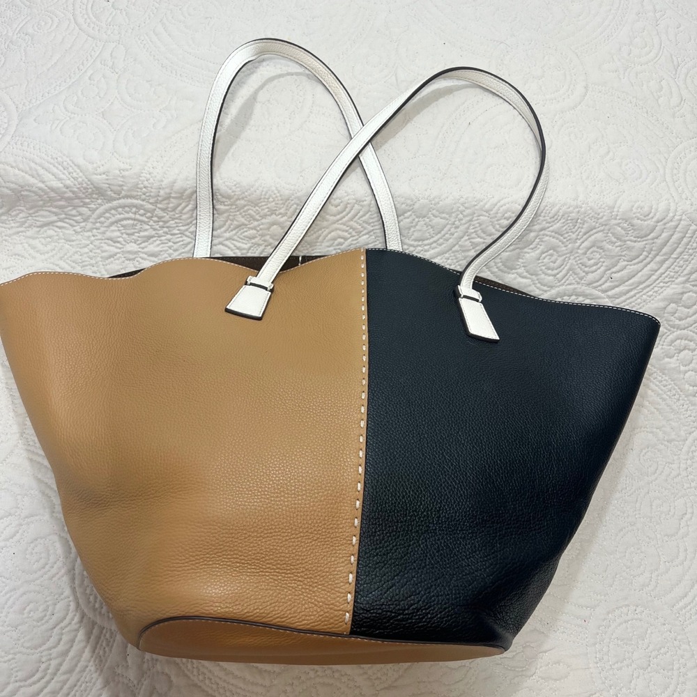 Tory Burch McGraw Colorblock Tote Bag Black Tiramisu Pebbled Leather Large Pouch - Picture 10 of 10